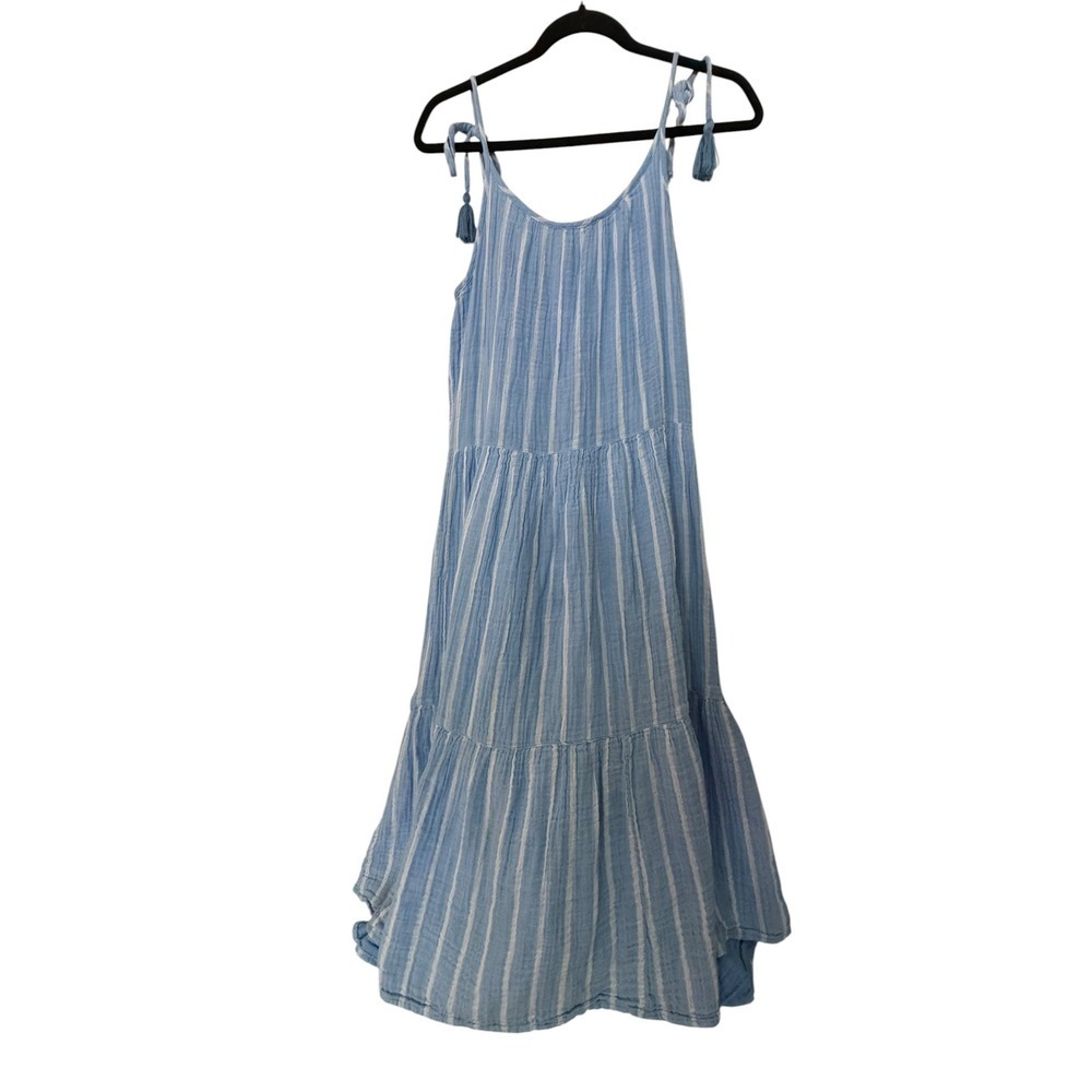 BeachLunchLounge Boho Beach Strappy Layered Blue Gauzy Cotton Dress Sz L Airy - Picture 9 of 10